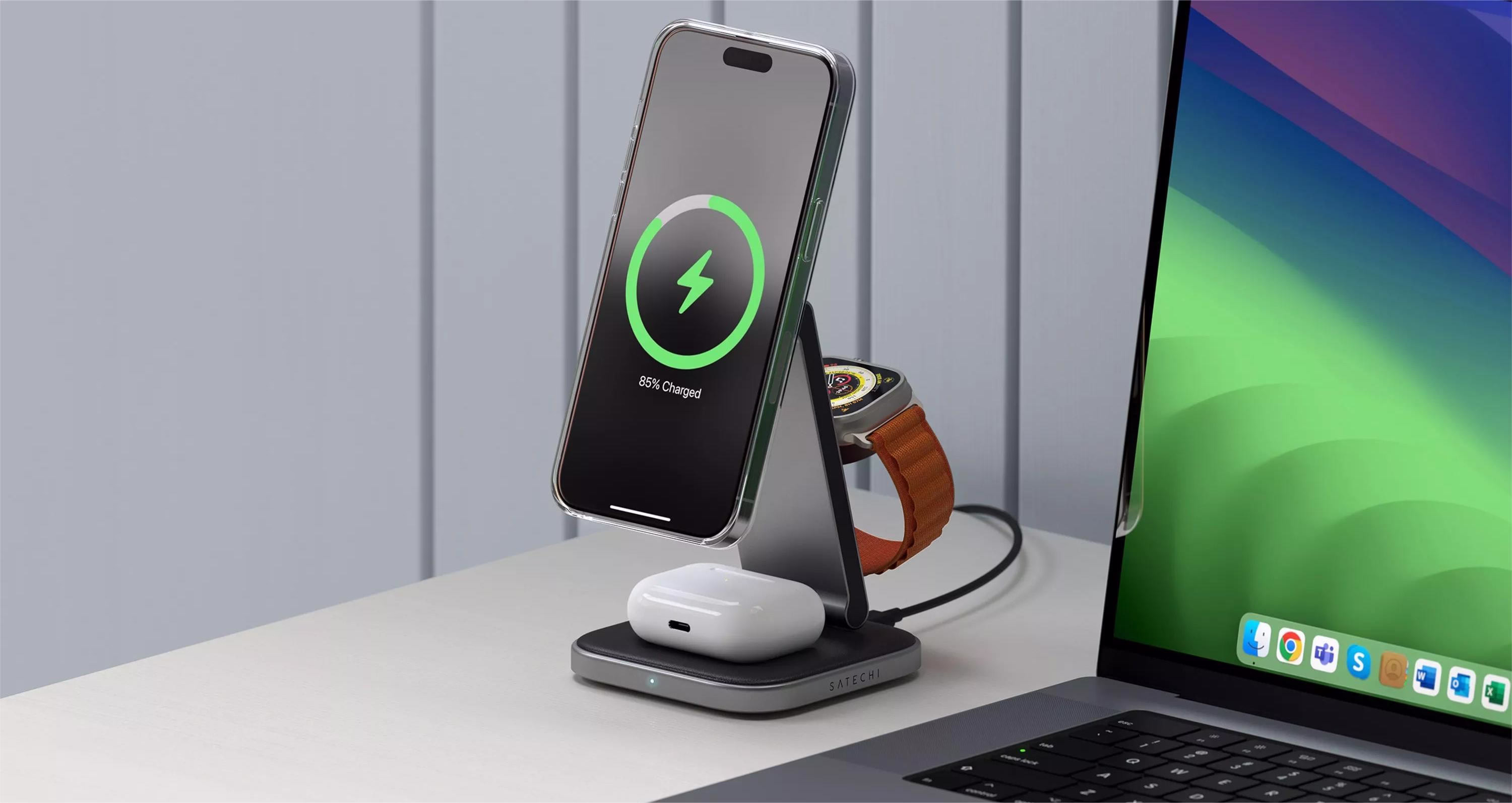 Бездротовий зарядний пристрій Satechi 3-in-1 Foldable Qi2 Wireless Charging Stand Space Gray - 2